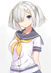 Rule 34 | 1girl, alternate hairstyle, blue eyes, breasts, buttons, closed mouth, grey hair, grey sailor collar, grey skirt, hair over one eye, hamakaze (kancolle), kantai collection, looking at viewer, medium breasts, mitsuyo (mituyo324), neckerchief, sailor collar, short sleeves, simple background, skirt, solo, twintails, upper body, white background, yellow neckerchief