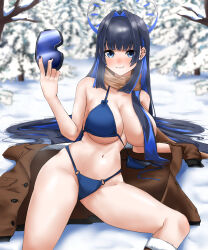 Rule 34 | 1girl, absurdly long hair, absurdres, aidoruhakase, arm support, bare tree, bikini, black hair, blue bikini, blue eyes, blue hair, blue nails, blush, boots, breasts, breath, brown coat, brown scarf, coat, colored inner hair, ear piercing, fur-trimmed boots, fur trim, goggles, hair censor, hair intakes, highres, holding, holding goggles, hololive, hololive english, large breasts, long hair, looking at viewer, lying, multicolored hair, navel, nose blush, o-ring, o-ring bikini, official alternate hairstyle, on ground, ouro kronii, piercing, scarf, ski goggles, smile, snow, solo, stomach, string bikini, swimsuit, thighs, tree, untied bikini, untied bikini top, unworn coat, very long hair, virtual youtuber, winter