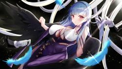 Rule 34 | 1girl, :o, arm behind back, azur lane, black wings, blue feathers, blue hair, breasts, cleavage, dido (anxious bisque doll) (azur lane), dido (azur lane), dress, feathers, feet out of frame, gloves, hairband, highres, kanno esuto, large breasts, long hair, looking at viewer, official alternate costume, purple dress, red eyes, solo, standing, white gloves, wings