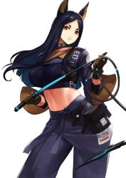 Rule 34 | 1girl, absurdres, animal ears, arknights, bad id, bad pixiv id, bag, belt, black hair, breasts, brown hair, collar, dobermann (arknights), dog ears, dog girl, gloves, groin, highres, holding, holding weapon, holding whip, jacket, jewelry, knatb, linea alba, long hair, looking at viewer, navel, necklace, pants, simple background, solo, stomach, weapon, whip, white background