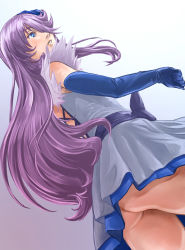 Rule 34 | 10s, 1girl, ass, blue eyes, cure moonlight, dutch angle, from below, gloves, goru (cure golgom), gradient background, hair over one eye, heartcatch precure!, long hair, magical girl, miniskirt, precure, purple background, purple hair, skirt, solo, tsukikage yuri, white background