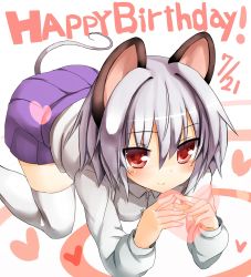 Rule 34 | 1girl, all fours, animal ears, blush, buttons, closed mouth, collared shirt, commentary request, dated, dress shirt, fingers together, greatmosu, hair between eyes, happy birthday, heart, highres, light purple hair, long sleeves, looking at viewer, miniskirt, mouse ears, mouse tail, nazrin, pleated skirt, purple skirt, red eyes, shirt, short hair, skirt, smile, solo, tail, thighhighs, touhou, white background, white shirt, white thighhighs, zettai ryouiki