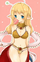 Rule 34 | 1girl, 1st-mn, antennae, arms behind back, bare shoulders, bikini, blonde hair, blue eyes, breasts, blowing bubbles, chewing gum, cleavage, dancer, dancer (ragnarok online), elf, jewelry, long hair, lots of jewelry, medium breasts, navel, neck ring, pointy ears, ragnarok online, solo, swimsuit
