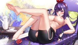 Rule 34 | 1girl, a-soul, ass, bad id, bad pixiv id, bare shoulders, barefoot, bella (a-soul), black gloves, black shorts, blunt bangs, blur censor, blush, bow, breasts, censored, clothes lift, commentary request, crotchless shorts, cup, feet, fingerless gloves, flower, gloves, hair bow, hair ornament, hairband, hand in own hair, hand up, highres, jinpaitugounan, large breasts, legs, legs up, long hair, looking at viewer, nipples, no bra, no panties, open mouth, petals, purple eyes, purple hair, reclining, red bow, red gloves, red hairband, rose, shiny skin, shirt lift, short shorts, shorts, soles, solo, star (symbol), star hair ornament, sweat, table, tea, teacup, teapot, teeth, toenails, upper teeth only, very long hair, virtual youtuber, wooden table