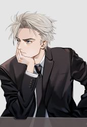 Rule 34 | 1boy, arm support, black jacket, black necktie, blue eyes, closed mouth, collared shirt, grey hair, head rest, highres, jacket, looking to the side, luicent, male focus, necktie, nicolas (luicent), one eye closed, original, shirt, short hair, simple background, solo, upper body, white background, white shirt, wing collar