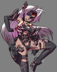 Rule 34 | 00s, 1girl, android, angry, boots, breasts, cleavage, cyborg, dark-skinned female, dark skin, elbow gloves, gloves, large breasts, long hair, open mouth, purple eyes, purple hair, solo, super robot wars, super robot wars og saga mugen no frontier, t-elos, thigh strap, thighhighs, xenosaga, xenosaga episode iii, yukimura tsubame, zettai ryouiki