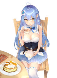 Rule 34 | 1girl, :d, absurdres, ahoge, bare shoulders, belt, blue dress, blue hair, blue ribbon, braid, breasts, brown belt, chair, cleavage, clothing cutout, commentary, cup, dress, elf, flower, food, from above, hair between eyes, hair flower, hair ornament, half updo, heart, heart ahoge, highres, holding, holding cup, holding plate, hololive, large breasts, long hair, looking at viewer, neck ribbon, open mouth, pancake, plate, pointy ears, ribbon, shiina aoi, simple background, sitting, smile, solo, teacup, thighhighs, virtual youtuber, white background, white thighhighs, yellow eyes, yukihana lamy