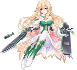 Rule 34 | 1girl, aircraft, airplane, azur lane, bare shoulders, blonde hair, blue eyes, blush, boots, breasts, cleavage, closed mouth, diamond (shape), dot nose, dress, eyebrows, flight deck, frilled gloves, frills, full body, gem, gloves, hair between eyes, hand on own chest, large breasts, long hair, looking at viewer, machinery, multicolored clothes, multicolored dress, multicolored footwear, neptune (series), official art, pantyhose, red ribbon, ribbon, sidelocks, sitting, smile, solo, striped ribbon, tachi-e, transparent background, tsunako, vert (neptunia), white gloves, white pantyhose