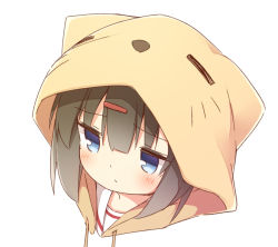 Rule 34 | 1girl, animal ears, animal hood, ayanepuna, black hair, blue eyes, blush, closed mouth, commentary request, drawstring, fake animal ears, from above, hair between eyes, hair ornament, hairclip, hood, hood up, looking away, mana (ayanepuna), original, portrait, sailor collar, simple background, solo, white background, white sailor collar