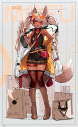 Rule 34 | 1girl, ;d, absurdres, animal ear fluff, animal ears, bag, bare shoulders, belt, black dress, boots, candy, collar, commentary, dark-skinned female, dark skin, dress, ehrrr, english commentary, eyewear on head, food, fox ears, fox girl, fox tail, full body, hand on own hip, hand up, high heel boots, high heels, highres, knee boots, knees together feet apart, lollipop, long hair, looking at viewer, necktie, one eye closed, open mouth, orange-tinted eyewear, orange eyes, original, paper bag, pleated dress, red collar, red necktie, shoulder bag, sleeveless, sleeveless dress, slit pupils, smile, solo, sunglasses on head, tail, thigh strap, thighhighs, tinted eyewear, twintails, v, white hair, wristband