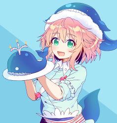 Rule 34 | 1girl, :d, birthday cake, blue background, blue headwear, blue shirt, cake, candle, commentary, cross-laced footwear, female focus, fire, fire, food, green eyes, highres, holding, holding tray, kaoling, long sleeves, looking at viewer, okunoda miyoi, open mouth, pink hair, shirt, short hair, smile, solo, symbol-only commentary, touhou, tray, upper body, whale hat