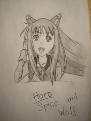 Rule 34 | 00s, absurdres, animal ears, highres, holo, long hair, manod, monochrome, pencil, smile, solo, spice and wolf, wolf ears