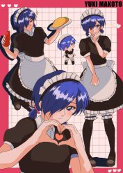 Rule 34 | 1boy, apron, black dress, black hairband, black thighhighs, blue eyes, blush, border, character name, chibi, closed mouth, collared dress, crossdressing, dress, eyelashes, food, frilled dress, frilled thighhighs, frills, full body, hair over one eye, hairband, hand up, heart, heart hands, highres, holding, ketchup bottle, looking at viewer, maid, maid apron, maid headdress, male focus, medium hair, multiple views, omelet, omurice, over-kneehighs, persona, persona 3, pink border, puffy short sleeves, puffy sleeves, retro artstyle, short sleeves, short twintails, thighhighs, trap, twintails, yuuki makoto (persona 3), yuyuy 00