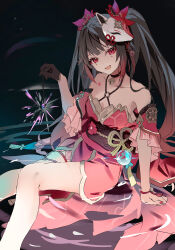 Rule 34 | 1girl, bare shoulders, bell, black choker, black gloves, black hair, bracelet, breasts, choker, collarbone, fireworks, fox mask, gloves, highres, holding, holding fireworks, honkai: star rail, honkai (series), japanese clothes, jewelry, jingle bell, kimono, long hair, looking at viewer, mask, mask on head, motto (night wear), neck bell, obi, open mouth, red eyes, red kimono, sash, single glove, small breasts, solo, sparkle (honkai: star rail), twintails, very long hair