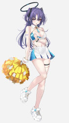Rule 34 | 1girl, blue archive, blue eyes, blue hair, blush, breasts, cheerleader, cleavage, cosplay, full body, grey background, hair ornament, halo, hibiki (blue archive), high heel sneakers, highres, holding, holding pom poms, long hair, looking at viewer, mexif, midriff, millennium cheerleader outfit (blue archive), navel, pom pom (cheerleading), pom poms, shoes, simple background, sneakers, solo, standing, white footwear, yuuka (blue archive)