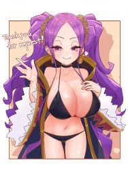 Rule 34 | 1girl, alternate breast size, bikini, black bikini, breasts, choker, cleavage, closed mouth, collarbone, english text, fate/grand order, fate (series), groin, hair ornament, highres, huge breasts, long hair, long sleeves, looking at viewer, navel, niwaikanai, oppai loli, parted bangs, purple eyes, purple hair, smile, solo, standing, swimsuit, thigh gap, twintails, very long hair, wide sleeves, wu zetian (fate)