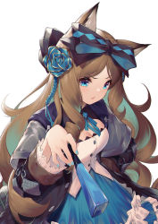 Rule 34 | 1girl, absurdres, animal ears, arknights, blue eyes, blue flower, blue nails, blue rose, blue skirt, bow, brown hair, cat ears, commentary, cowboy shot, flower, hair bow, hair flower, hair ornament, highres, holding, iris (arknights), jiusan naitang, long hair, looking at viewer, nail polish, parted lips, rose, simple background, skirt, solo, white background