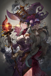 Rule 34 | 1girl, bare shoulders, blue eyes, breasts, brown hair, contrapposto, flower, gloves, hat, highres, kureta (nikogori), large breasts, lips, magic, multicolored hair, original, side slit, solo, staff, standing, two-tone hair, witch hat