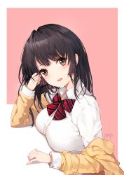 Rule 34 | 1girl, artist name, bad id, bad pixiv id, black hair, blush, border, bow, bowtie, breast rest, breasts, brown eyes, coat, collared shirt, dress shirt, emyo, from side, large breasts, long hair, long sleeves, off shoulder, original, parted lips, pink background, red bow, red bowtie, school uniform, shirt, signature, simple background, smile, solo, striped bow, striped bowtie, striped clothes, striped neckwear, teeth, white border, white shirt