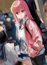 Rule 34 | 1girl, bags under eyes, blue eyes, blurry, blurry background, bocchi the rock!, casual, denim, funi mu9, gotoh hitori, guitar, guitar case, hair bobbles, hair ornament, hands in pockets, highres, instrument, instrument case, jacket, jeans, long hair, looking at viewer, one side up, pants, parted lips, pink hair, shaded face, shirt, solo focus, t-shirt, white shirt