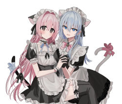 Rule 34 | 2girls, :d, alternate costume, animal ear fluff, animal ears, apron, black dress, blue bow, blue eyes, blue hair, blue ribbon, blush, bow, breasts, cat ears, cat girl, cat tail, chihuri, closed mouth, collarbone, collared dress, commentary request, cross, cross earrings, dress, earrings, enmaided, feet out of frame, frilled apron, frilled dress, frilled legwear, frills, hair between eyes, jewelry, kemonomimi mode, latin cross, long hair, maid, maid headdress, medium breasts, multiple girls, neck ribbon, open mouth, original, pink bow, pink hair, puffy short sleeves, puffy sleeves, purple eyes, ribbon, short sleeves, simple background, small breasts, smile, tail, tail bow, tail ornament, thighhighs, very long hair, white apron, white background