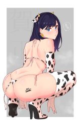 Rule 34 | animal ears, animal print, bikini, body writing, boots, cow ears, cow girl, cow horns, cow print, cow print bikini, cow tail, ear tag, elbow gloves, from behind, gloves, gridman universe, high heel boots, high heels, highres, horns, kagto (alterna), long hair, looking at viewer, looking back, print bikini, shoulder blades, simple background, solo, squatting, ssss.gridman, sweat, swimsuit, tail, thigh boots, thighhighs, thong bikini