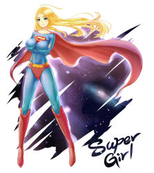 Rule 34 | 1girl, belt, blonde hair, blue eyes, bodysuit, boots, cape, character name, crossed arms, dc comics, kryptonian, long hair, red cape, red footwear, s shield, solo, space, supergirl, superman (series)