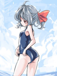 Rule 34 | 1girl, adjusting clothes, adjusting swimsuit, ass, azuki (azuki-taste), highres, one-piece swimsuit, red eyes, remilia scarlet, school swimsuit, short hair, solo, swimsuit, touhou