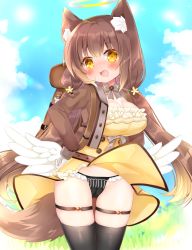 Rule 34 | 1girl, angel wings, animal ear fluff, animal ears, backpack, bag, black panties, black thighhighs, blue sky, blush, breasts, brown hair, brown jacket, cameltoe, cleavage, clothes lift, cloud, cropped jacket, day, dress, dress lift, fang, feathered wings, frilled dress, frills, hair between eyes, halo, hands on own hips, jacket, long hair, long sleeves, low twintails, low wings, medium breasts, open clothes, open jacket, open mouth, original, outdoors, panties, shikito (yawa0w0), skindentation, sky, solo, tail, thighhighs, twintails, underwear, v-shaped eyebrows, very long hair, white wings, wind, wind lift, wings, yellow dress, yellow eyes