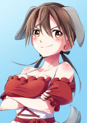Rule 34 | 1girl, absurdres, animal ears, blue background, blush, breast hold, breasts, brown eyes, brown hair, cleavage, closed mouth, collarbone, crossed arms, dirndl, dog ears, dog tail, frills, german clothes, gertrud barkhorn, hair ornament, hair ribbon, hasegawa (hase popopo), highres, large breasts, looking at viewer, ribbon, simple background, smile, solo, strike witches, tail, twintails, upper body, world witches series