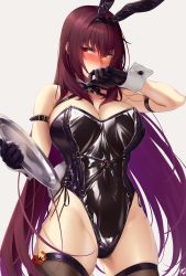 Rule 34 | 1girl, animal ears, arm strap, black gloves, blush, breasts, commentary request, covered mouth, covered navel, fake animal ears, fate/grand order, fate (series), gloves, hand up, highres, holding, holding tray, large breasts, leather, leotard, long hair, looking to the side, nose blush, o-ring, okitakung, playboy bunny, purple hair, rabbit ears, rabbit tail, red eyes, scathach (fate), side-tie leotard, simple background, solo, tail, thighhighs, tray, v-shaped eyebrows, very long hair, white background, wrist cuffs