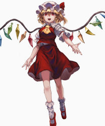 Rule 34 | 1girl, ankle socks, blonde hair, commentary request, crystal, fingernails, flandre scarlet, full body, hat, hat ribbon, highres, long fingernails, looking at viewer, mary janes, medium hair, mob cap, open mouth, outstretched arm, red eyes, red footwear, red ribbon, red skirt, red vest, ribbon, sharp fingernails, shirt, shoes, short sleeves, side ponytail, simple background, skirt, smile, socks, solo, touhou, vest, white background, white hat, white shirt, white socks, wings, yanyan (shinken gomi), yellow neckwear