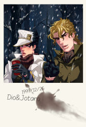 Rule 34 | 2boys, bare tree, black gloves, black hair, blonde hair, breath, buttons, coffee cup, cup, diamond wa kudakenai, dio brando, disposable cup, double-breasted, fangs, gloves, hat, highres, holding, holding cup, jojo no kimyou na bouken, kuujou joutarou, less end, male focus, multiple boys, scarf, snowing, time paradox, tree, v, vampire, winter clothes