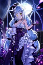 Rule 34 | 1girl, bare shoulders, black gloves, black thighhighs, blue hair, blush, braid, breasts, bug, butterfly, cleavage, closed mouth, crown braid, dress, facial mark, full moon, girls&#039; frontline, gloves, hair ornament, hand up, highres, hk416 (girls&#039; frontline), hk416 (starry cocoon) (girls&#039; frontline), insect, long hair, looking at viewer, medium breasts, moon, narae, night, official alternate costume, petals, purple dress, silver hair, smile, solo, standing, teardrop, thighhighs, tsurime, white dress
