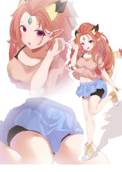 Rule 34 | 1girl, absurdres, adjusting hair, ahoge, animal ears, arm at side, bare legs, bare shoulders, bike shorts, black shorts, blue skirt, breasts, brown shirt, check copyright, collarbone, commentary, copyright request, extra ears, flame-tipped tail, forehead jewel, full body, gem, hand up, highres, kneeling, leg up, long hair, looking at viewer, medium breasts, midriff, multiple views, navel, open mouth, orange footwear, original, pointy ears, shirt, shoes, short shorts, short sleeves, shorts, shorts under skirt, simple background, skirt, smile, sneakers, standing, standing on one leg, suzu22, tail, teeth, thighs, upper teeth only, white background, white footwear, yong (mg)