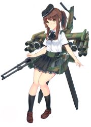 Rule 34 | 1girl, ah-1 cobra, bow, brown eyes, brown hair, garrison cap, hair bow, hat, helicopter, highres, karo-chan, missile pod, personification, pleated skirt, ponytail, propeller, simple background, skirt, smile, solo, white background