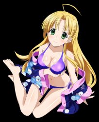 Rule 34 | 10s, 1girl, ahoge, asia argento, barefoot, bikini, blonde hair, blush, breast hold, breasts, cleavage, collarbone, from above, green eyes, high school dxd, japanese clothes, kimono, long hair, looking at viewer, looking up, medium breasts, navel, open clothes, open kimono, purple bikini, shiny skin, side-tie bikini bottom, sitting, smile, solo, stomach, swimsuit, transparent background, very long hair