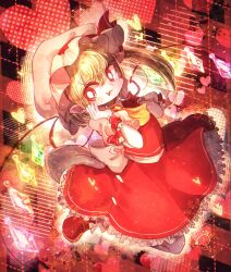 Rule 34 | 1girl, :3, argyle, argyle background, argyle clothes, ascot, blonde hair, bright pupils, collared shirt, commentary request, fang, flandre scarlet, frilled sleeves, frilled wrist cuffs, frills, hands on own cheeks, hands on own face, hat, hat ribbon, heart, highres, jumping, mob cap, open mouth, petticoat, pointy ears, puffy short sleeves, puffy sleeves, red background, red footwear, red skirt, red vest, red wrist cuffs, ribbon, shirt, short sleeves, side ponytail, skirt, solo, touhou, vest, white pupils, white ribbon, wings, wrist cuffs, yellow ascot, yukkyon kyon