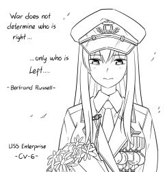 Rule 34 | 1girl, azur lane, blush, bouquet, character name, closed mouth, collared shirt, commentary, english commentary, english text, enterprise (azur lane), flower, greyscale, guin guin, hair between eyes, hat, jacket, long hair, medal, military, military hat, military jacket, military uniform, monochrome, necktie, peaked cap, shirt, simple background, solo, star (symbol), uniform, upper body, white background