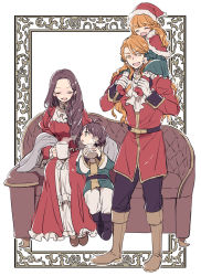 Rule 34 | 2boys, 2girls, :d, ascot, boots, brown hair, carrying, child, closed eyes, couch, dorothea arnault, dress, family, father and daughter, father and son, ferdinand von aegir, fire emblem, fire emblem: three houses, full body, happy, highres, if they mated, indoors, long hair, mother and daughter, mother and son, multiple boys, multiple girls, nintendo, open mouth, orange eyes, orange hair, piggyback, red dress, sitting, smile, standing, tenjin (ahan)