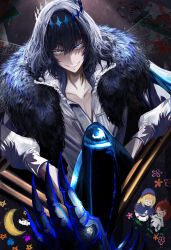 Rule 34 | 1boy, absurdres, antinese, arthropod boy, black hair, blue eyes, bug, cape, cloak, collared shirt, crown, diamond hairband, dragonfly wings, fate/grand order, fate (series), fur-trimmed cape, fur-trimmed cloak, fur trim, highres, insect wings, long sleeves, looking at viewer, male focus, medium hair, oberon (fate), oberon (third ascension) (fate), official alternate hair color, shirt, smile, solo, white shirt, wings