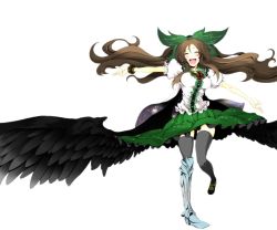 Rule 34 | 1girl, ^ ^, armor, armored boots, asymmetrical clothes, asymmetrical footwear, bad id, bad pixiv id, blush, boots, bow, brown hair, closed eyes, cockadooodledoo, feathered wings, female focus, green bow, hair bow, happy, legs, long hair, low wings, mismatched footwear, open mouth, puffy short sleeves, puffy sleeves, reiuji utsuho, ribbon, short sleeves, simple background, solo, standing, standing on one leg, thighhighs, third eye, touhou, white background, wings