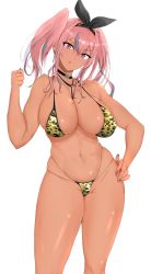 Rule 34 | 1girl, :p, animal print, azur lane, bare shoulders, between breasts, bikini, black choker, black hairband, blush, breasts, bremerton (azur lane), cameltoe, choker, cleavage, clenched hand, collarbone, commentary request, covered erect nipples, cowboy shot, ear piercing, fig sign, fingernails, grey hair, groin, hair between eyes, hair intakes, hair ornament, hairband, hand on own hip, head tilt, highleg, highleg bikini, highleg swimsuit, highres, large breasts, long fingernails, long hair, looking at viewer, mole, mole on breast, multicolored hair, nail polish, navel, piercing, pink eyes, pink hair, pink nails, ranhatu, red eyes, sidelocks, simple background, skindentation, smile, solo, standing, stomach, streaked hair, swimsuit, tan, thighs, thong bikini, tiger print, tongue, tongue out, twintails, two-tone hair, undersized clothes, white background