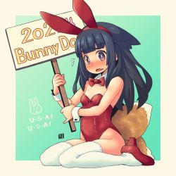 Rule 34 | 1girl, animal ears, bare shoulders, black hair, blunt bangs, blush, bow, bowtie, breasts, brown eyes, bunny day, collar, commentary, detached collar, english commentary, fang, flying sweatdrops, full body, groin, hairband, high heels, holding, holding sign, kukuri (mawaru), leotard, long hair, looking at viewer, mawaru (mawaru), nose blush, open mouth, original, playboy bunny, rabbit ears, red bow, red bowtie, red footwear, red hairband, red leotard, romaji text, shoes, sign, sitting, small breasts, solo, strapless, strapless leotard, thick eyebrows, thighhighs, wariza, white collar, white thighhighs, wing collar, wrist cuffs