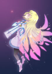 Rule 34 | 00s, 1girl, bad id, bad pixiv id, blonde hair, blue background, closed eyes, colette brunel, fujimoto kishino, gradient background, long hair, namco, pantyhose, purple background, solo, tales of (series), tales of symphonia