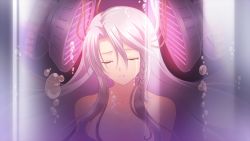 Rule 34 | 1girl, bare pectorals, blade arcus from shining, braid, breasts, bubble, cable, closed eyes, crying, eyebrows, game cg, glass, hair between eyes, hair over breasts, lamp, lights, lips, liquid, long hair, non-web source, pectorals, restrained, roselinde (shining blade), sad, shining (series), shining blade, silver hair, solo, tank (container), tears, technology, teeth, text focus, tony taka, underwater, upper body, water