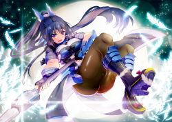 Rule 34 | 1girl, ass, bad id, bad pixiv id, black hair, blue hair, boots, bow, breasts, cleavage, feathers, fingerless gloves, gloves, honda futayo, kyoukaisenjou no horizon, large breasts, long hair, pantyhose, polearm, ponytail, purple eyes, satou tomohiro, solo, spear, weapon