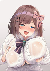 Rule 34 | 1girl, absurdres, bad id, bad pixiv id, blue eyes, blush, bow, bowtie, breast lift, breasts, breasts squeezed together, brooch, brown hair, center frills, collared shirt, commission, covered erect nipples, dress shirt, drooling, frilled shirt, frills, hair bow, hair ornament, hairclip, highres, huge breasts, jewelry, kusana (dudqja602), looking down, medium hair, nijisanji, no bra, open mouth, paizuri invitation, partially unbuttoned, pixiv commission, saliva, see-through, sexually suggestive, shirt, solo, suzuhara lulu, swept bangs, tongue, tongue out, underboob, upper body, virtual youtuber, wet, wet clothes, white shirt, wing collar, x hair ornament