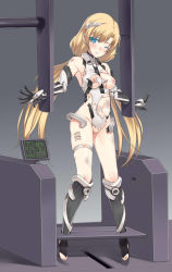 Rule 34 | 1girl, angela balzac, bad id, bad pixiv id, bdsm, blonde hair, blue eyes, bondage, bound, breasts, highres, long hair, looking at viewer, nipples, pussy, rakuen tsuihou, restrained, solo, stationary restraints, tama (tamatamo), torn clothes, twintails, uncensored, very long hair