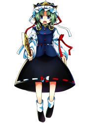 Rule 34 | 1girl, absurdres, baba (baba seimaijo), blue eyes, full body, green hair, harukawa moe (style), hat, hat ribbon, highres, long sleeves, looking at viewer, open mouth, parody, puffy sleeves, ribbon, rod of remorse, shiki eiki, shirt, shoes, short hair, skirt, socks, solo, straight-on, style parody, tachi-e, touhou, transparent background, turtleneck, vest, white socks